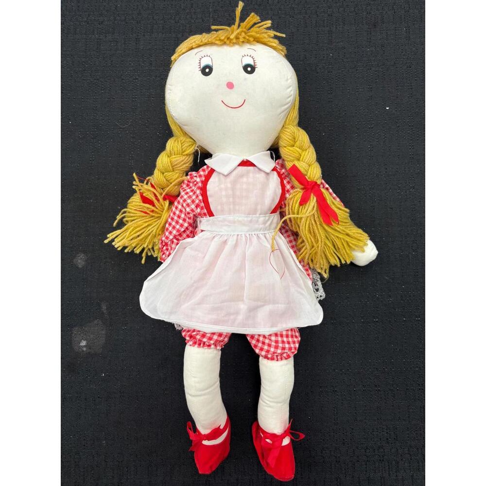 Cloth Girl Doll: Blonde Yarn Hair, Red Gingham Dress 19” VGC